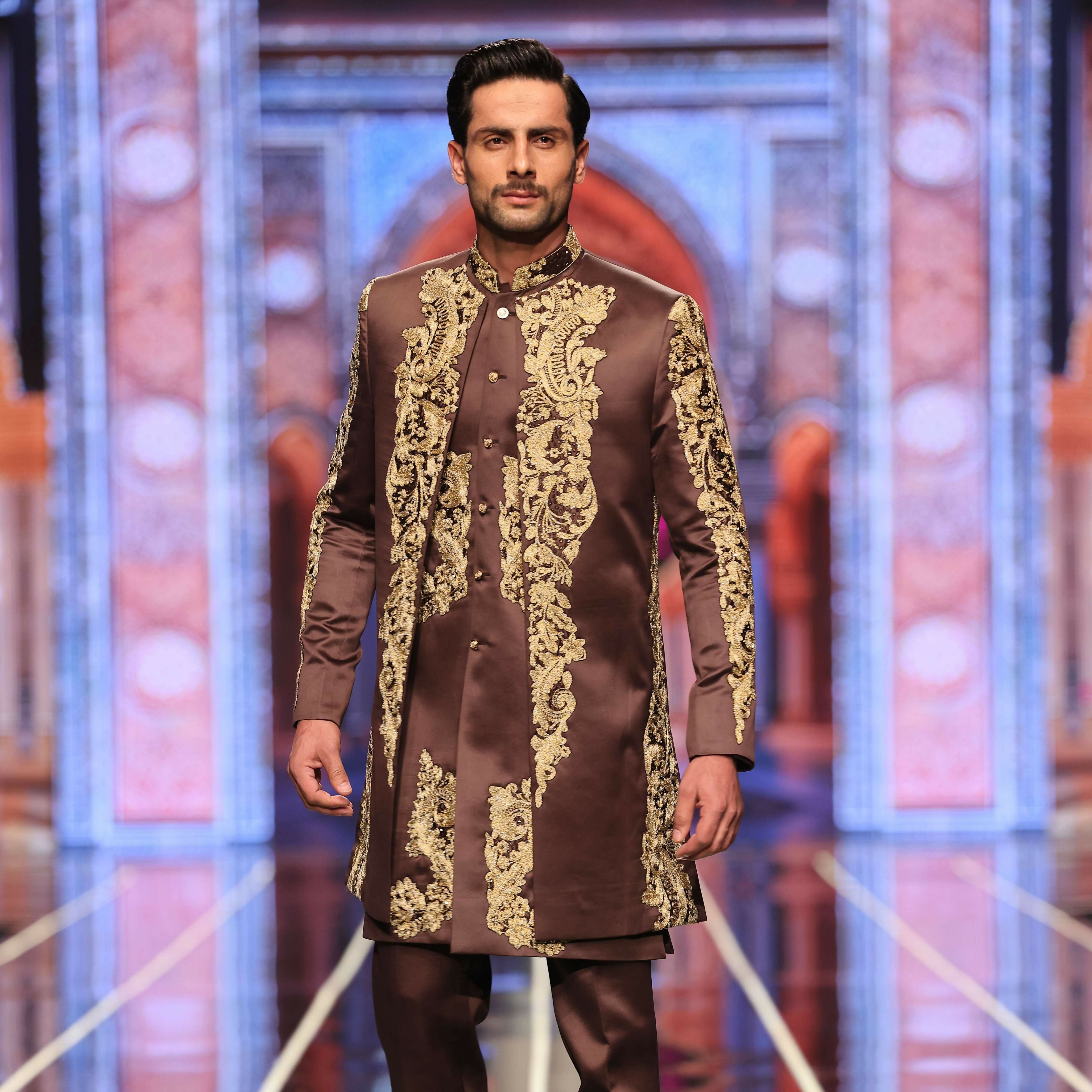 BCW 64 Brown Groom Sherwani With Long Inner Coat