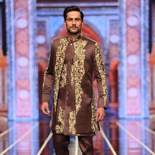 BCW 64 Brown Groom Sherwani With Long Inner Coat