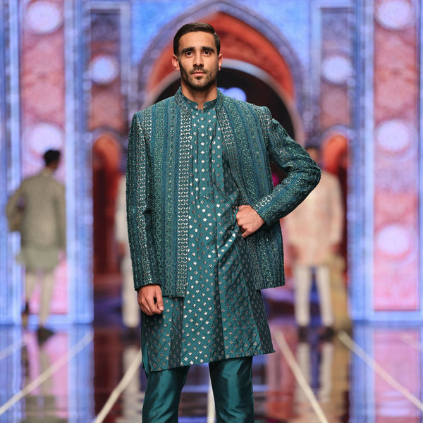 BCW 52 Peacock Green Prince Coat Front Open Hand Work For Men