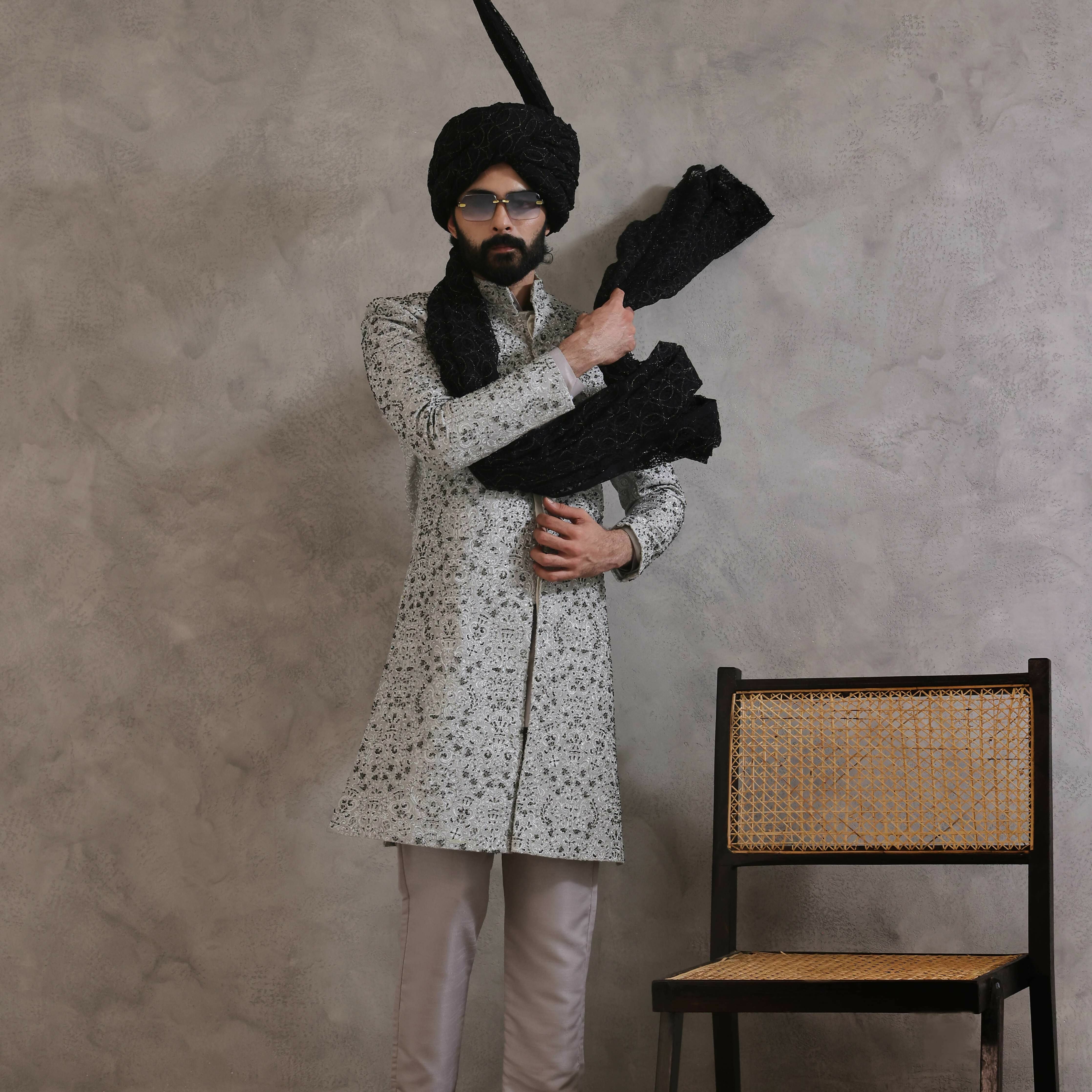 ER SH 119 Sliver Hand Work Sherwani For Men