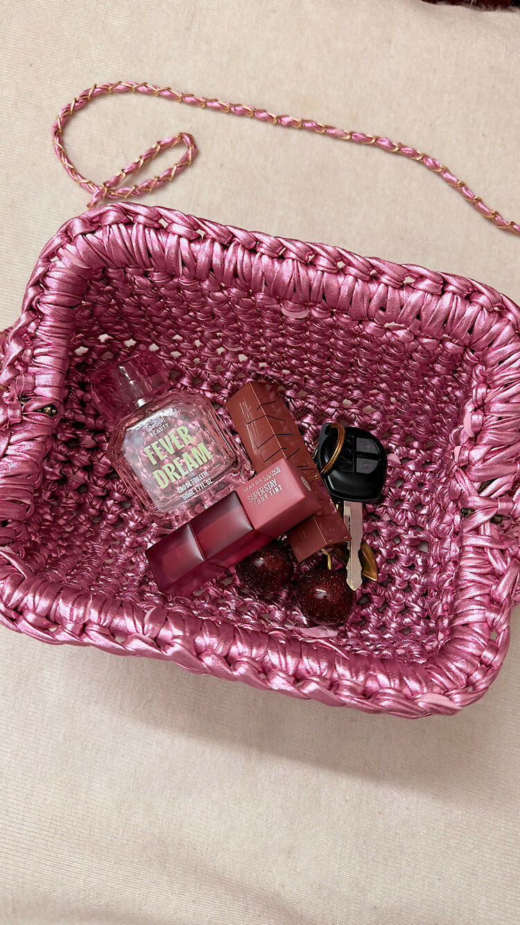 Crocheted metallic clutch