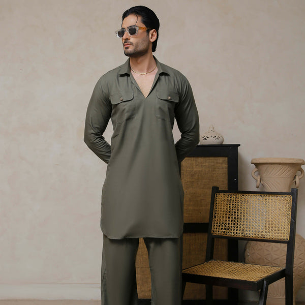 ER 801 Olive Green Kurta With Farshi Pajama