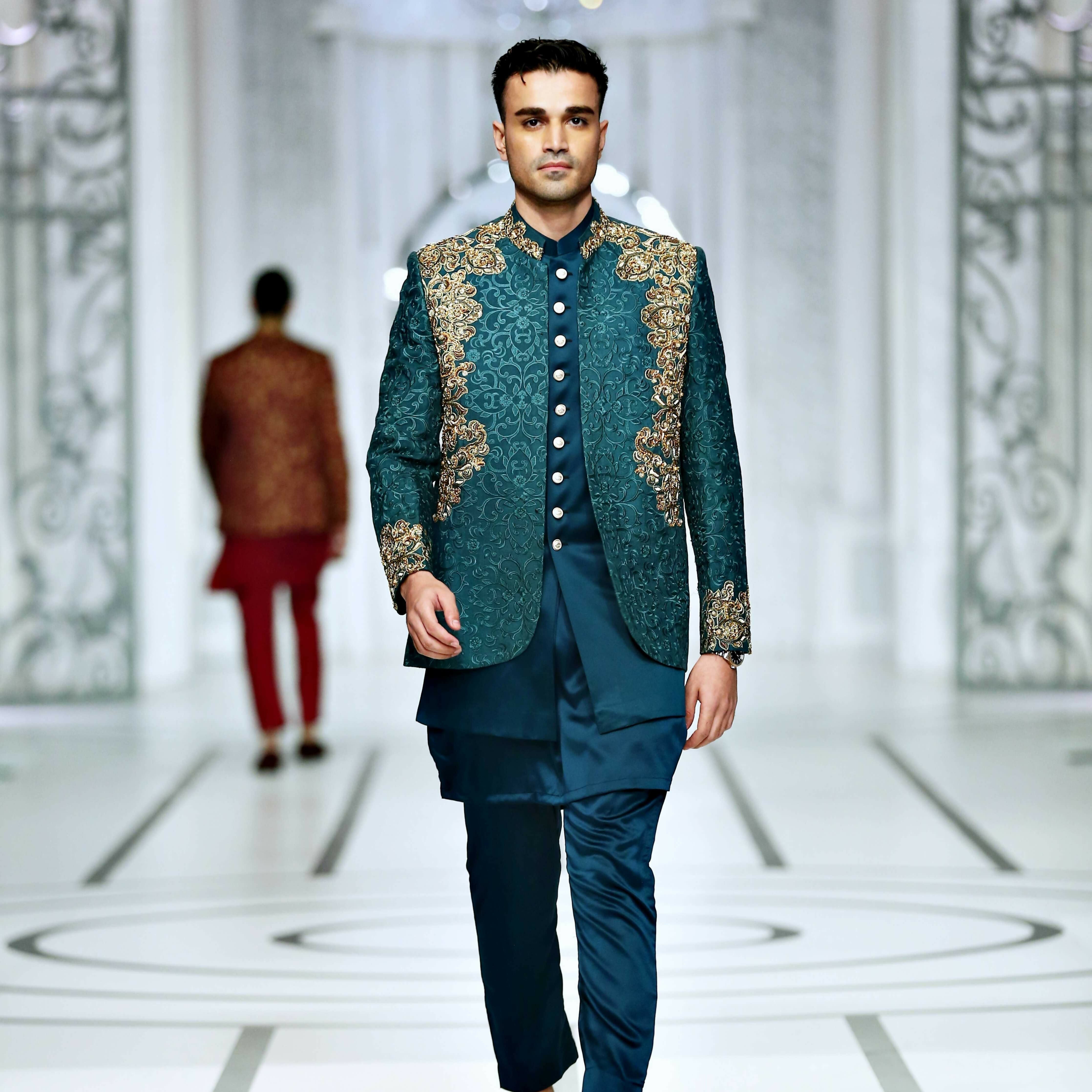 BCW PC 48 Teal Green Prince Coat With Kora Daka Work With Inner Waist Coat Add Kurta