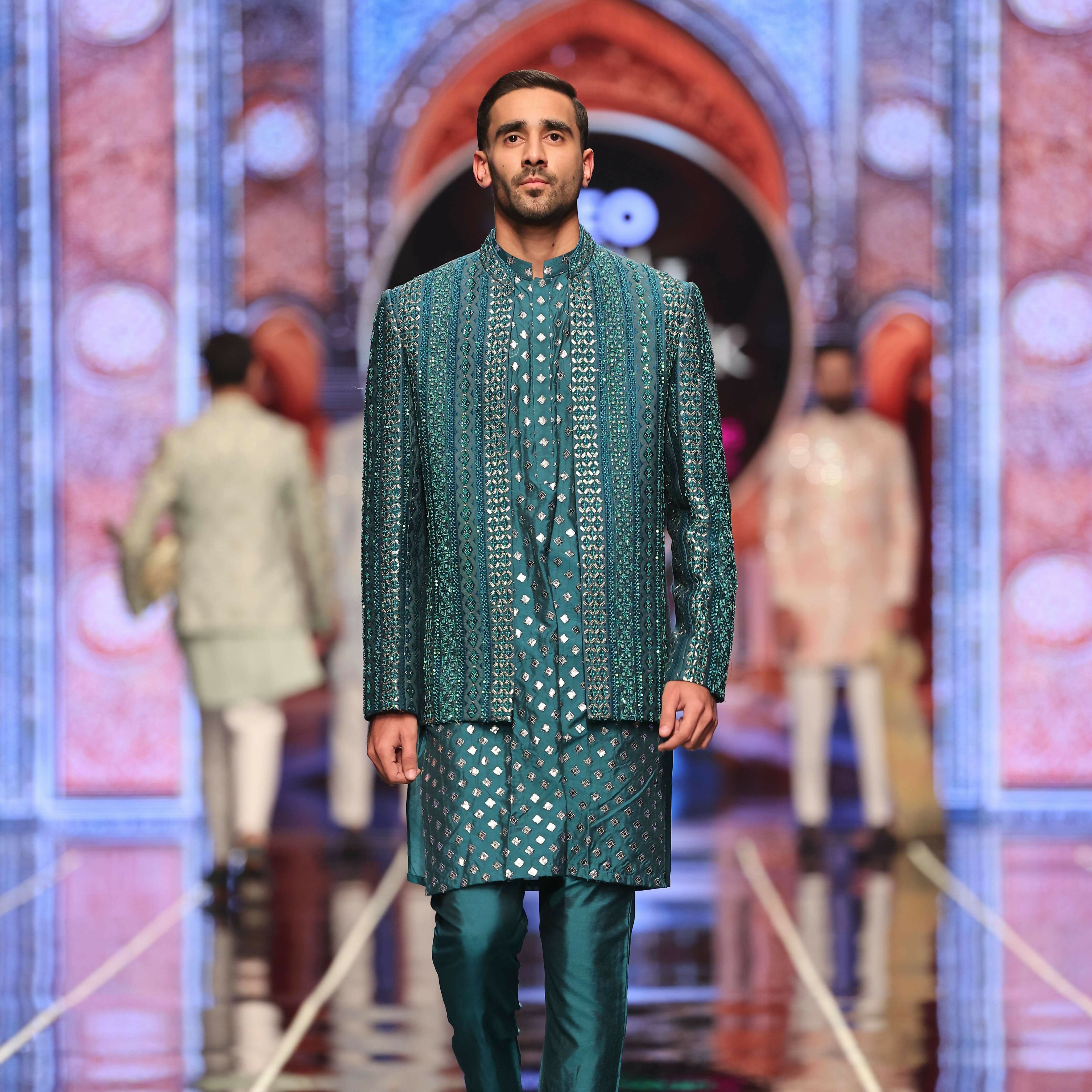 BCW 52 Peacock Green Prince Coat Front Open Hand Work For Men