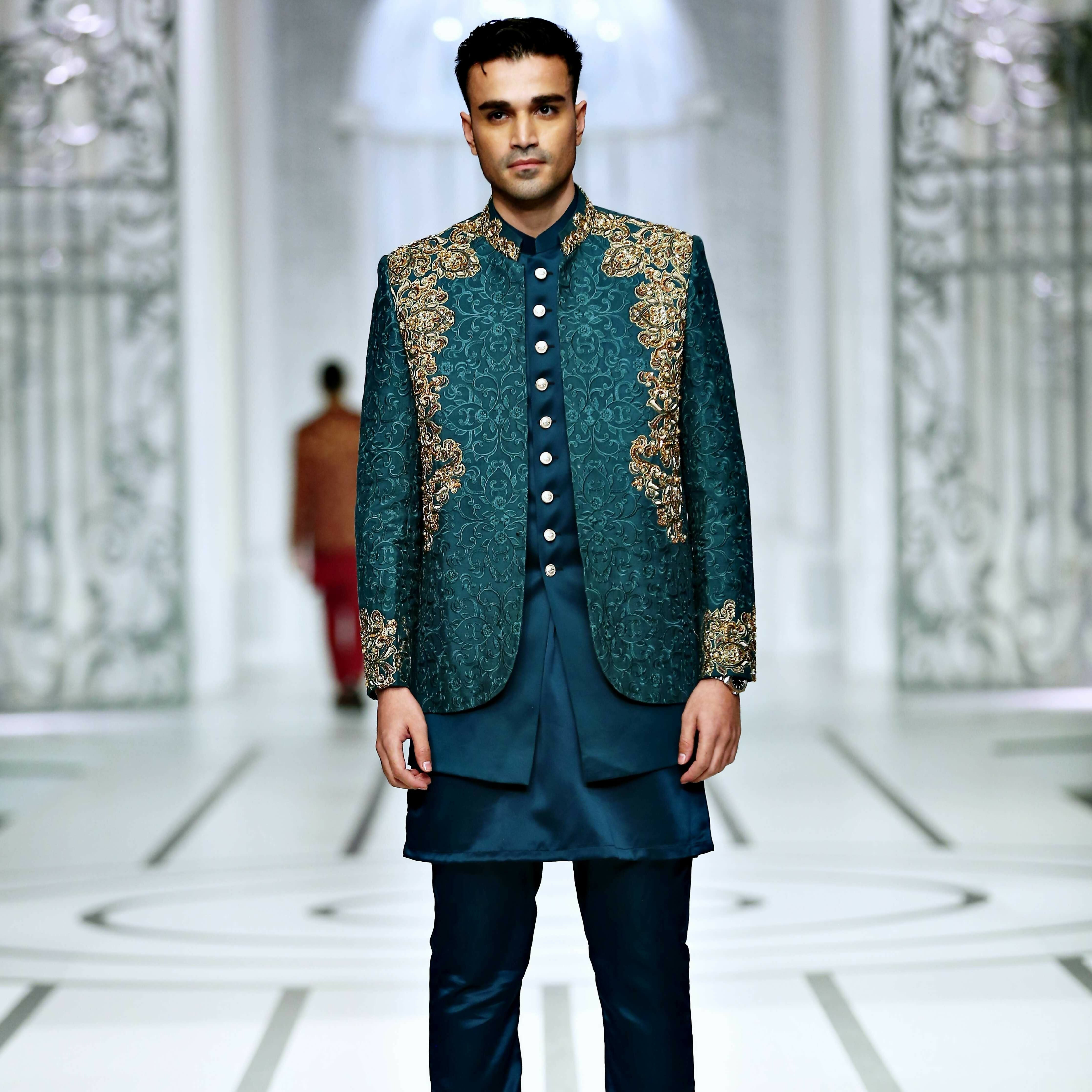BCW PC 48 Teal Green Prince Coat With Kora Daka Work With Inner Waist Coat Add Kurta