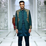BCW PC 48 Teal Green Prince Coat With Kora Daka Work With Inner Waist Coat Add Kurta