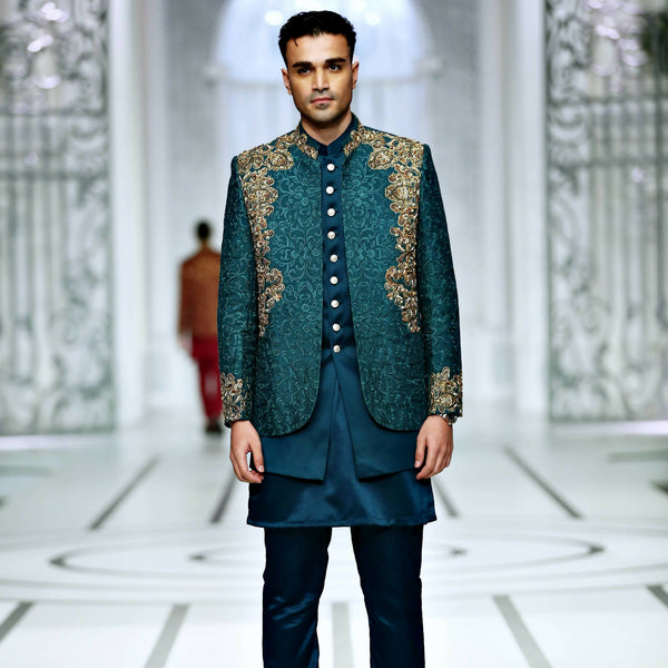 BCW PC 48 Teal Green Prince Coat With Kora Daka Work With Inner Waist Coat Add Kurta