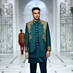 BCW PC 48 Teal Green Prince Coat With Kora Daka Work With Inner Waist Coat Add Kurta