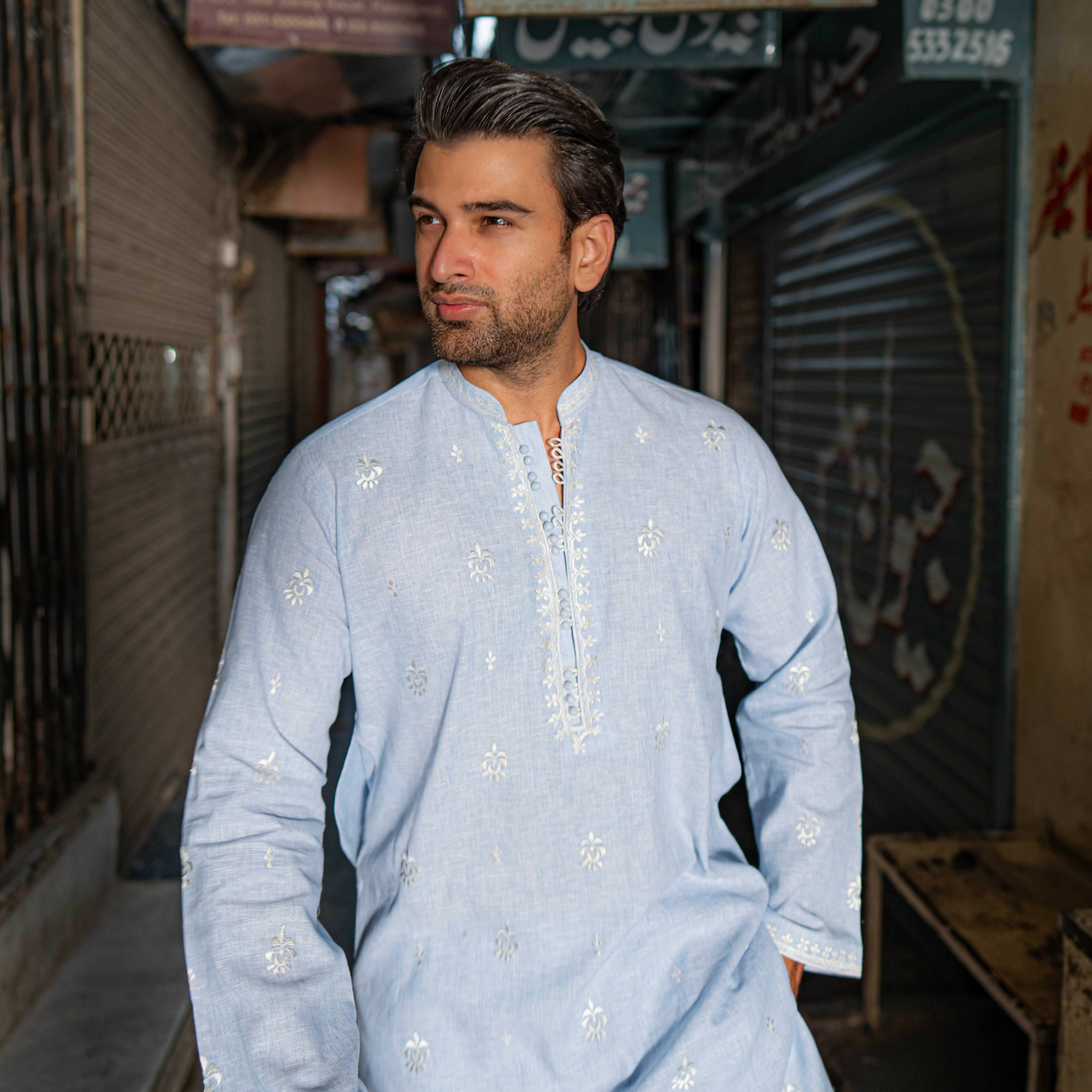 CK 751 Sky Blue Short Embroidered Kurta With Farshi Trouser