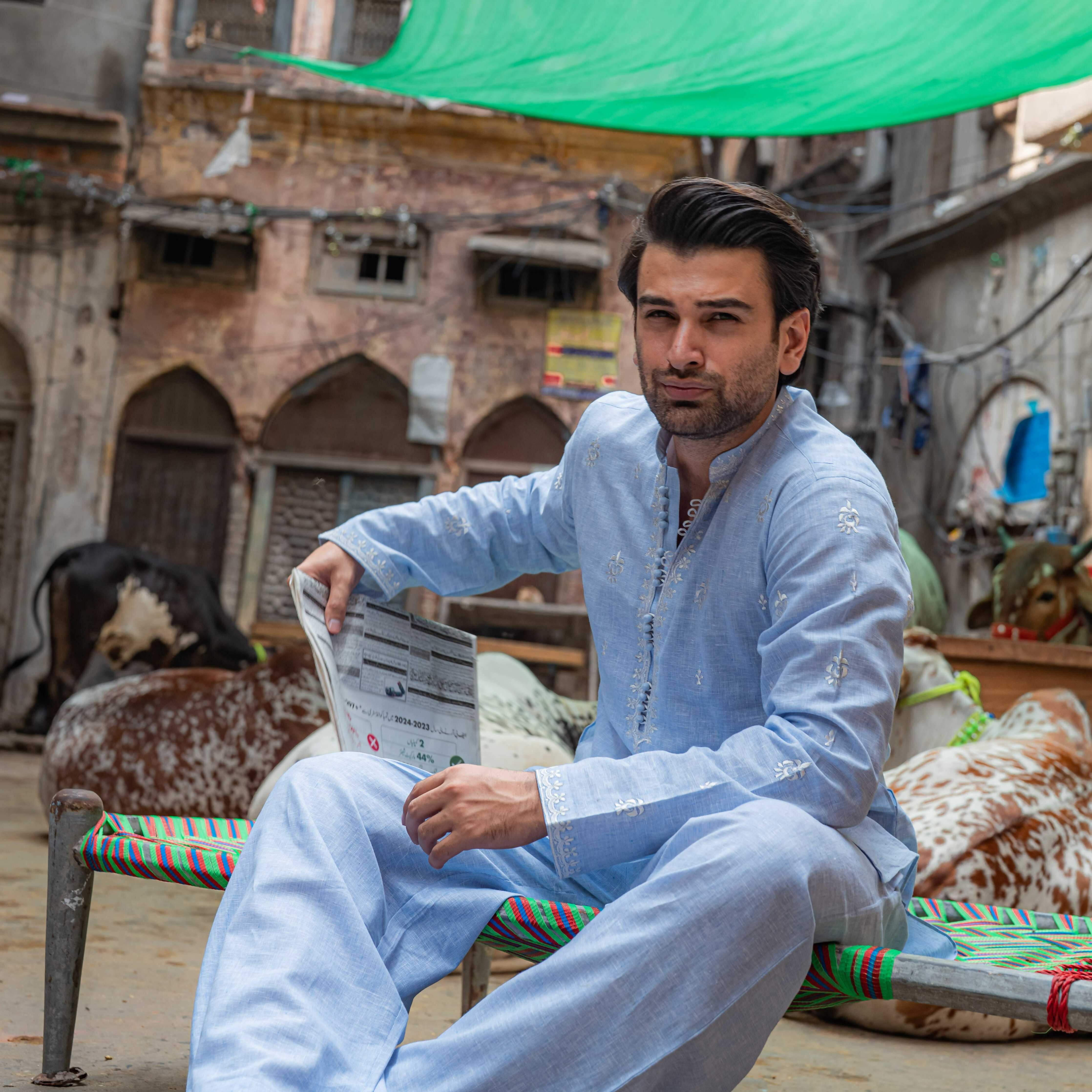 CK 751 Sky Blue Short Embroidered Kurta With Farshi Trouser