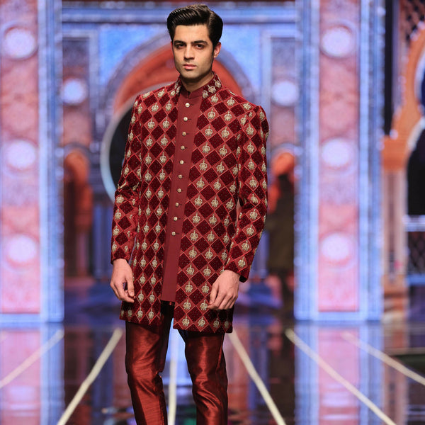 BCW 58 Maroon Checkered Applique Velvet & Satin Sherwani