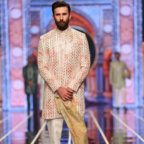 BCW 54 Pastel Opal Pink Ombre Short Sherwani With Inner Long Coat For Men