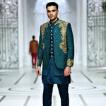 BCW PC 48 Teal Green Prince Coat With Kora Daka Work With Inner Waist Coat Add Kurta