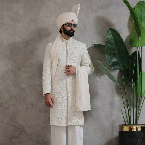 ER SH 117 White Sherwani For Wedding