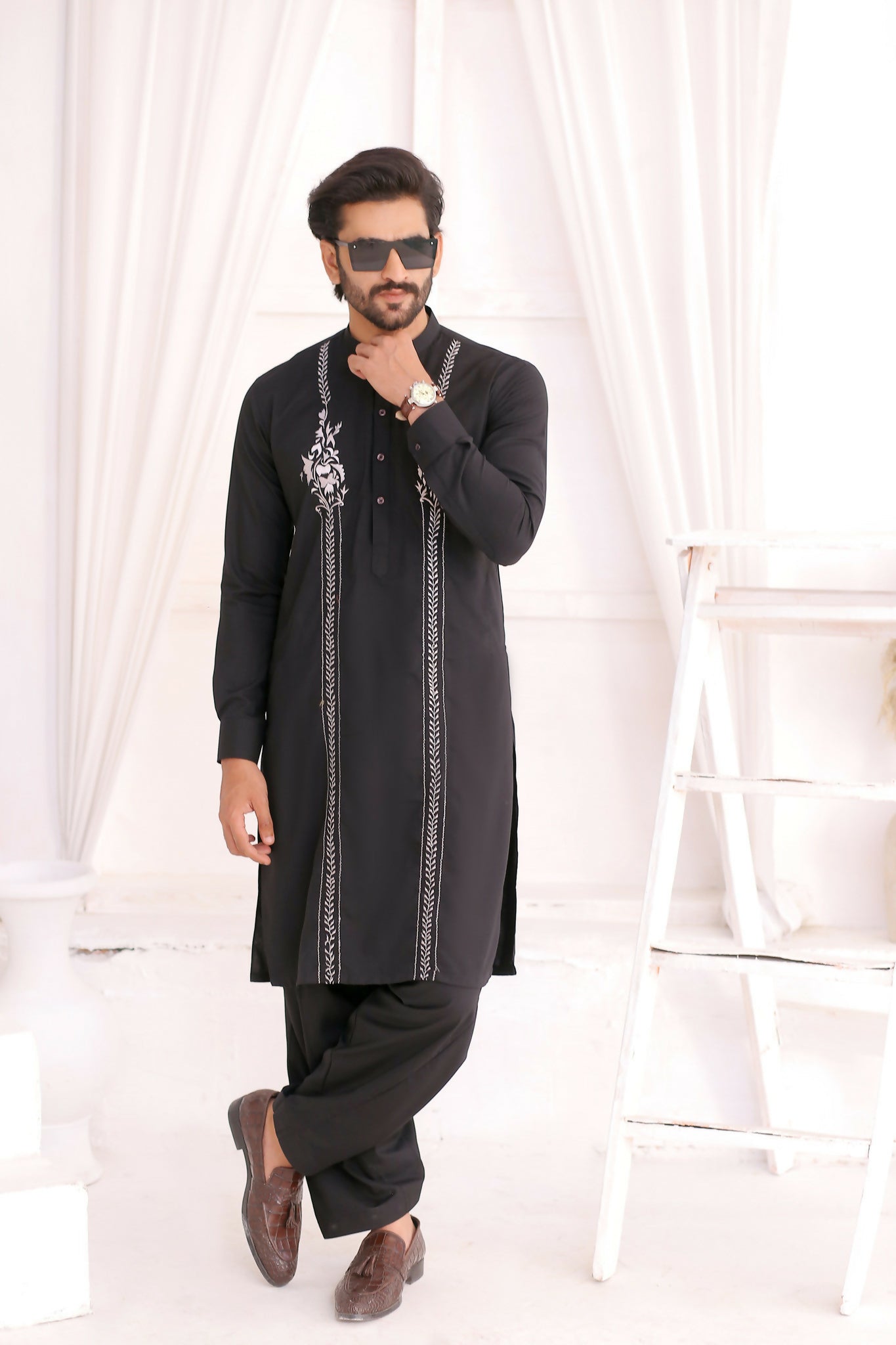 CK 718 Black Chikankari Kurta For Men