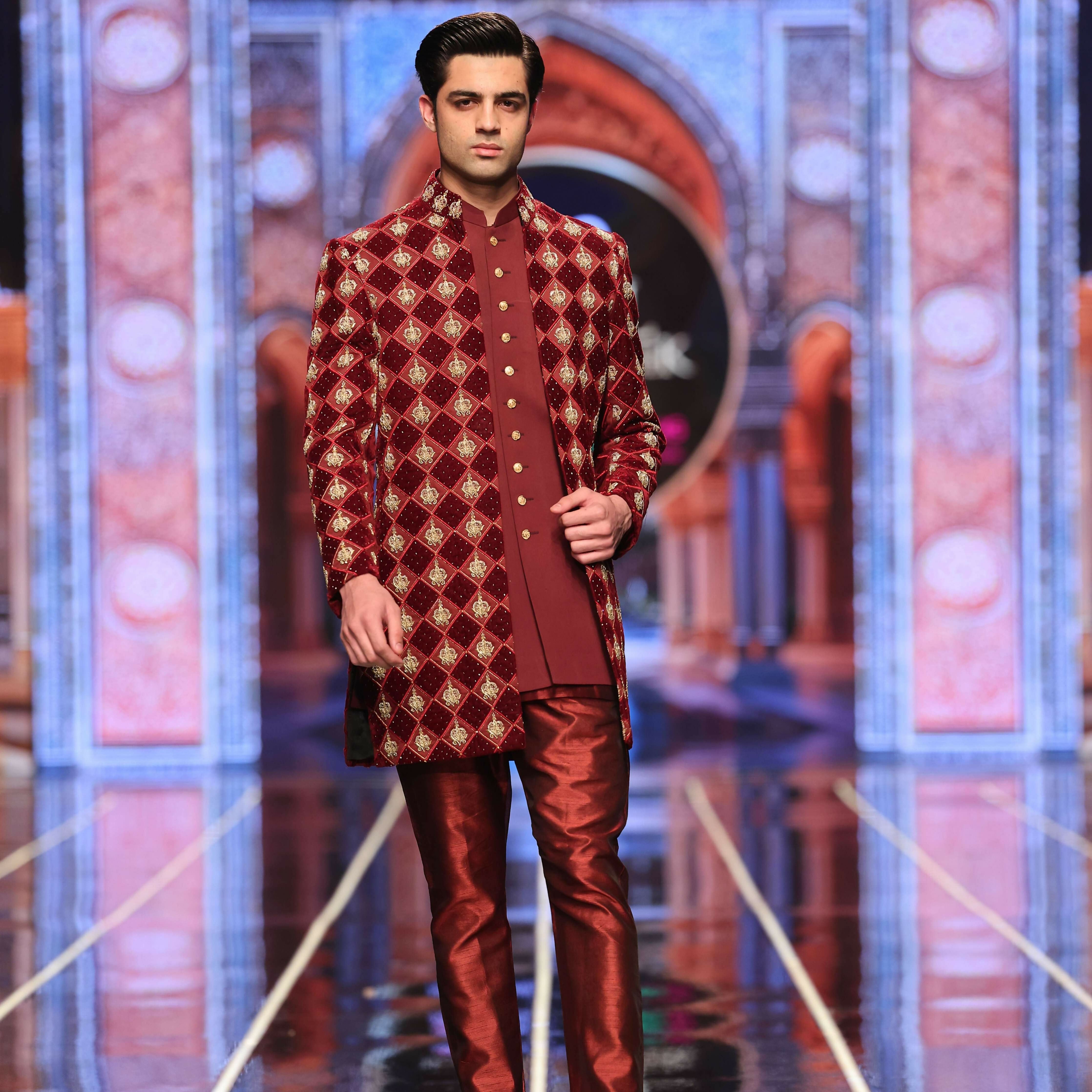 BCW 58 Maroon Checkered Applique Velvet & Satin Sherwani