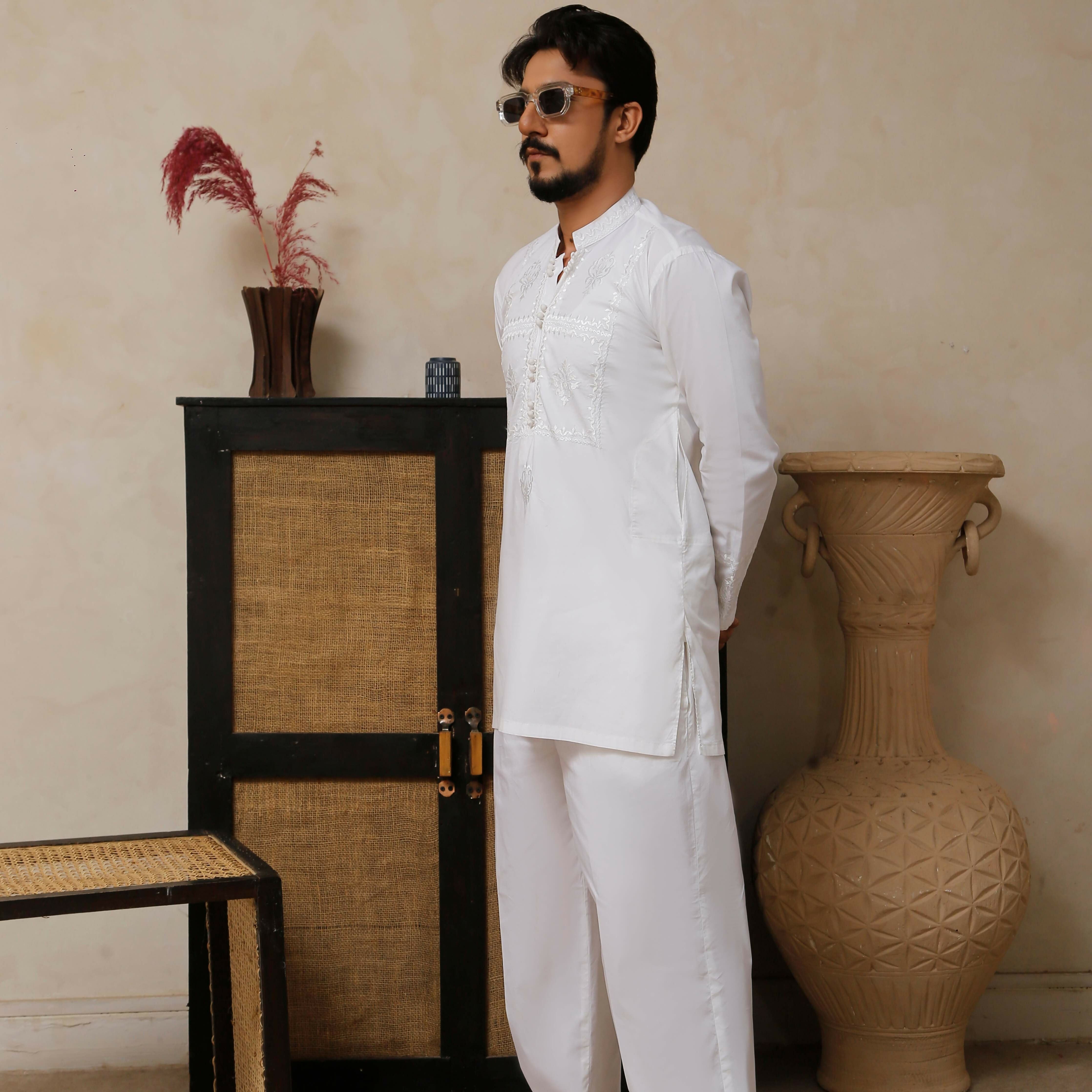 ER 806 Shining White Executive Kameez Farshi Shalwar