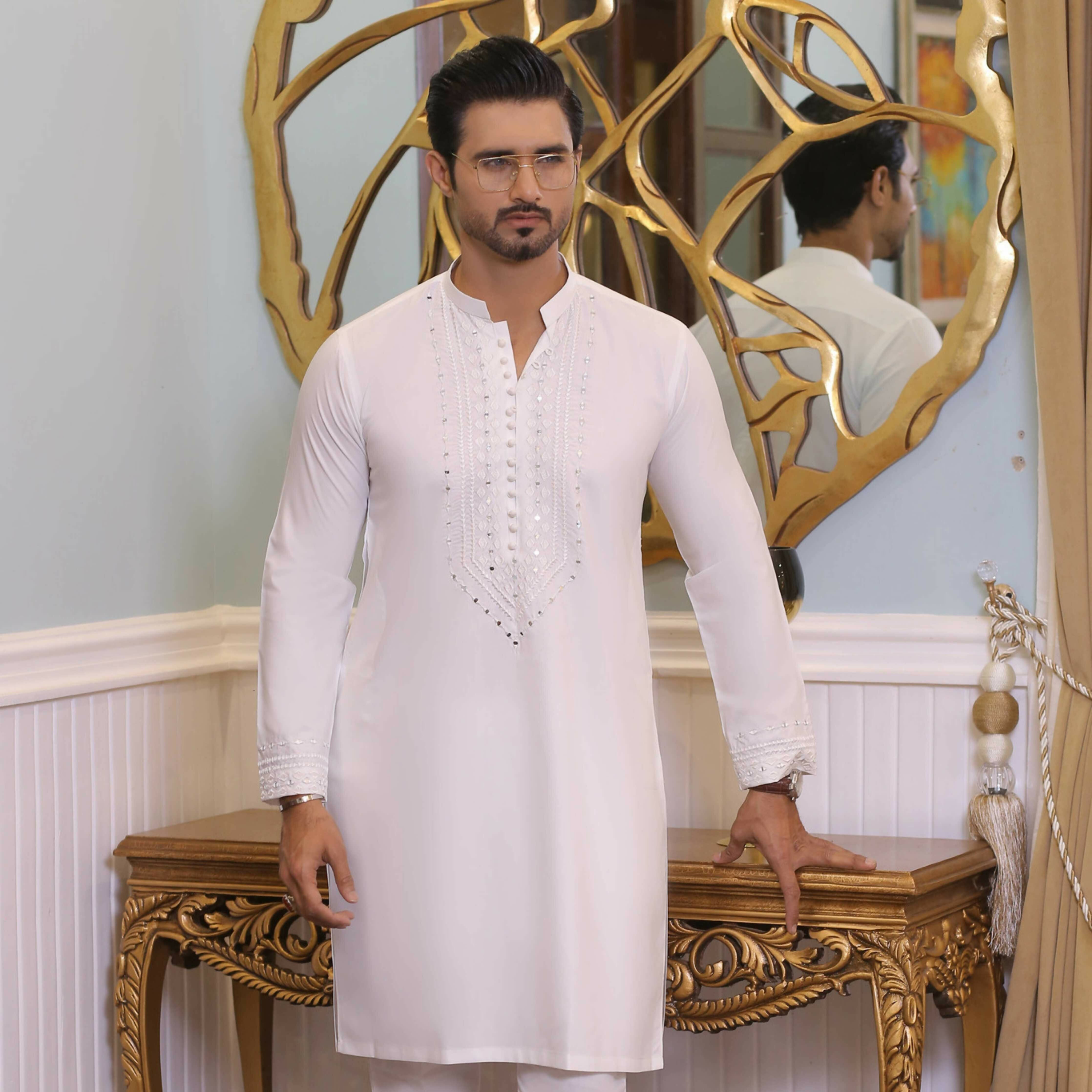 MR 63 White Mirror Work Kurta Pajama