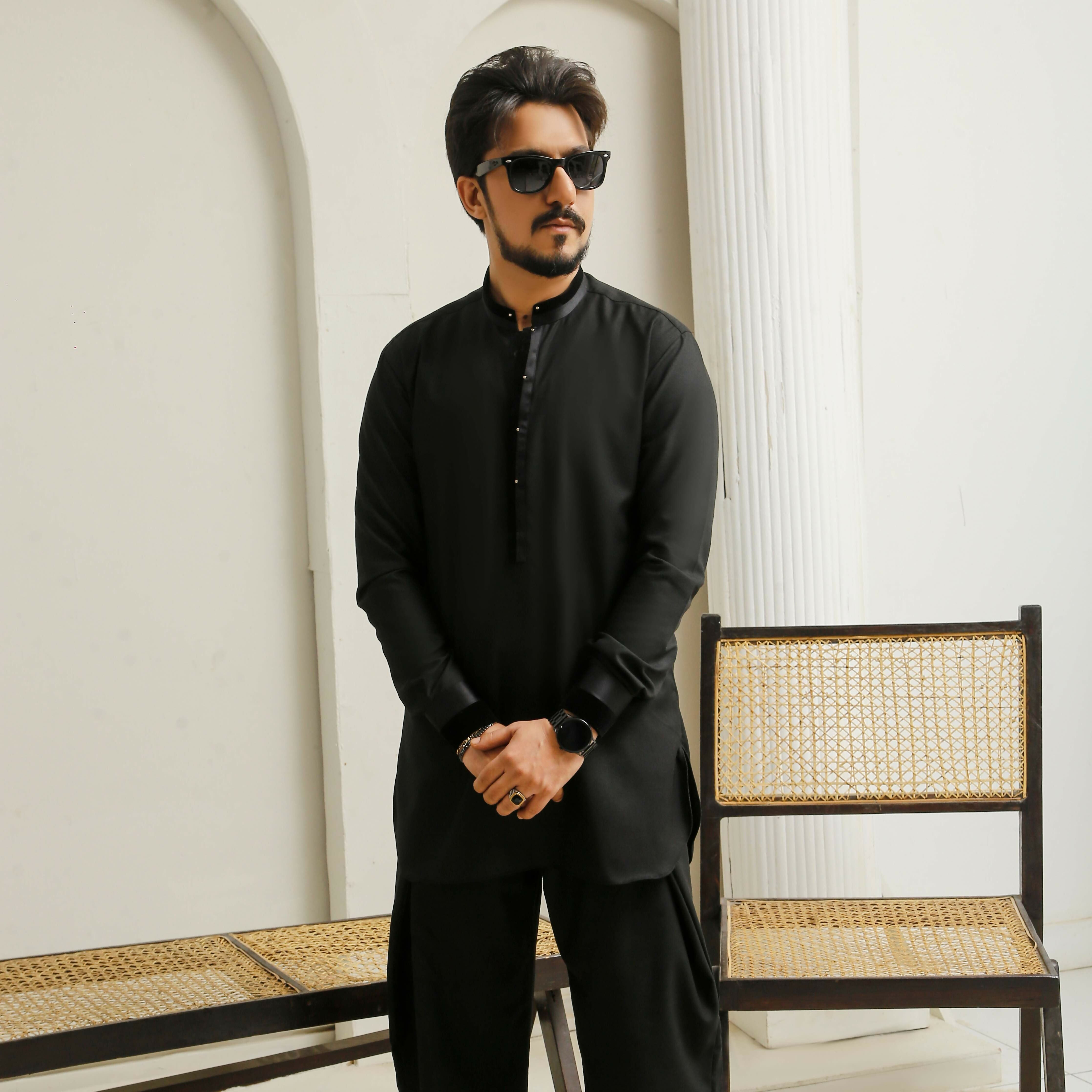 Enigma Black Executive Kurta Flap Cut Farshi