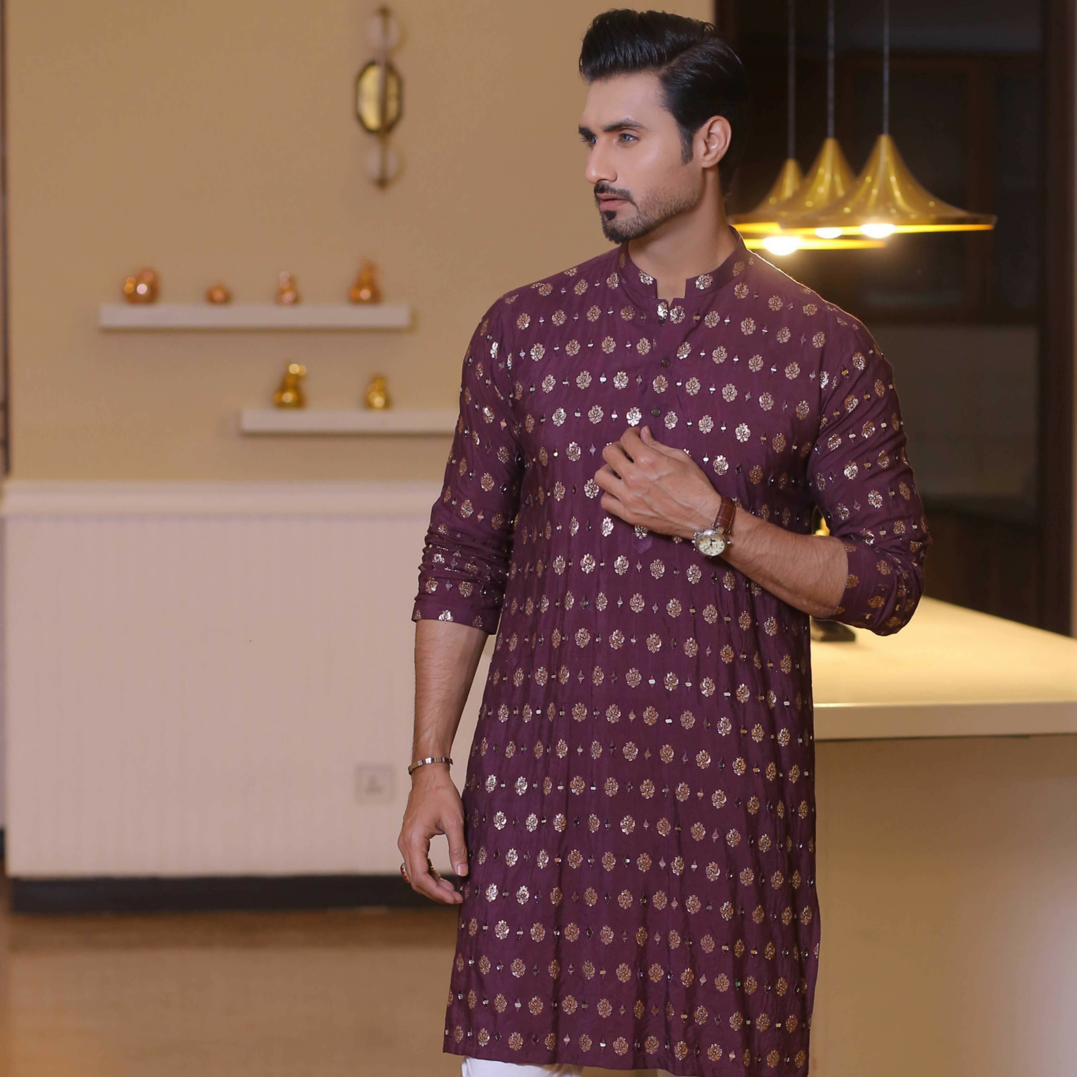 MR 64 Purple Mirror Work Kurta Pajama