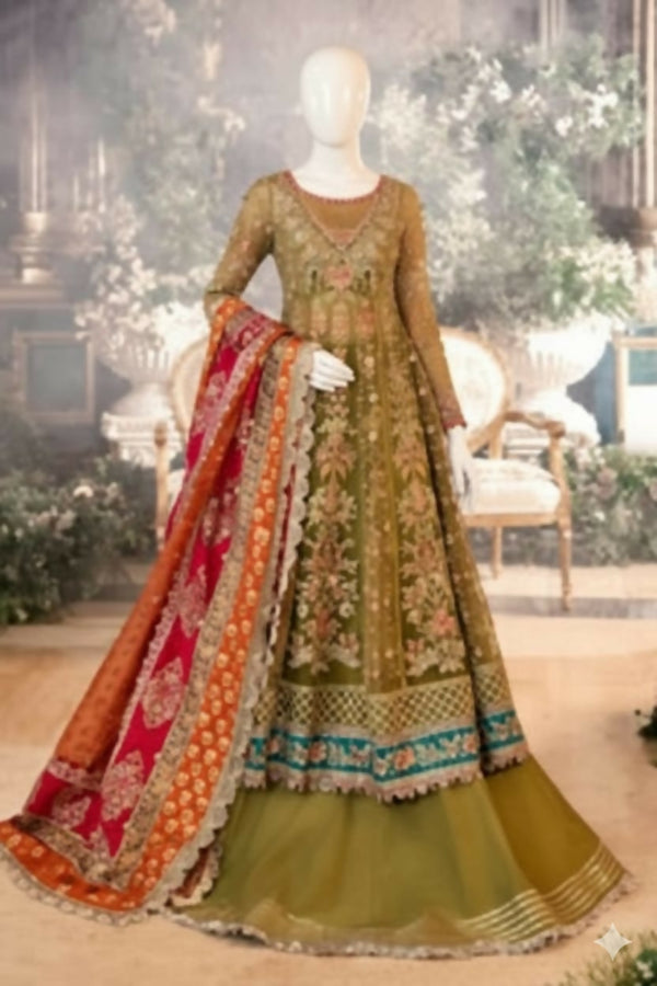 Maria.B – D6 (Olive Green & Maroon Organza)