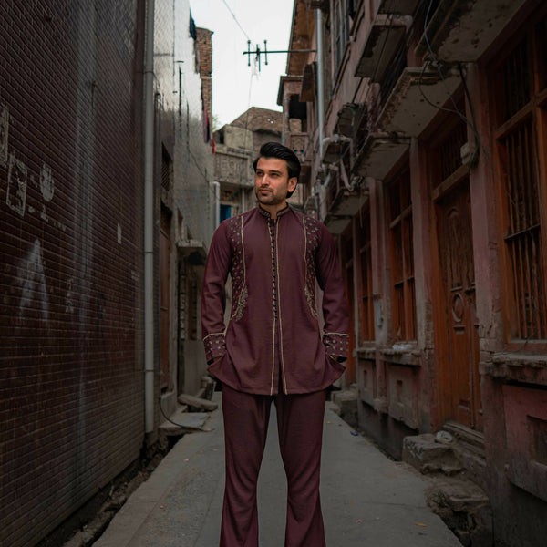 CK 753 Maroon Short Embroidered Kurta With Bell Bottom Trouser