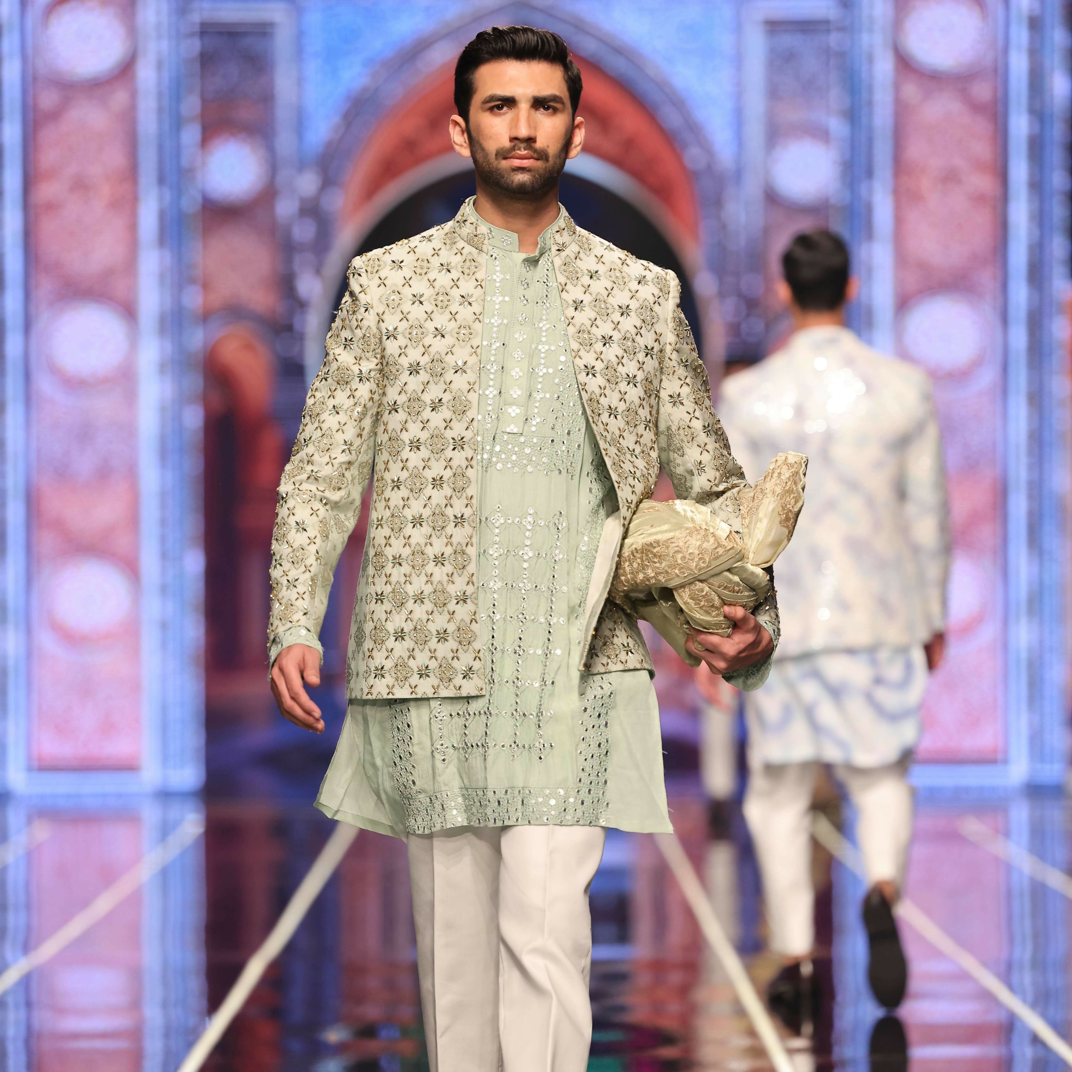 BCW 51 Pastel Green Prince Coat Zardozi Work Front Open For Men