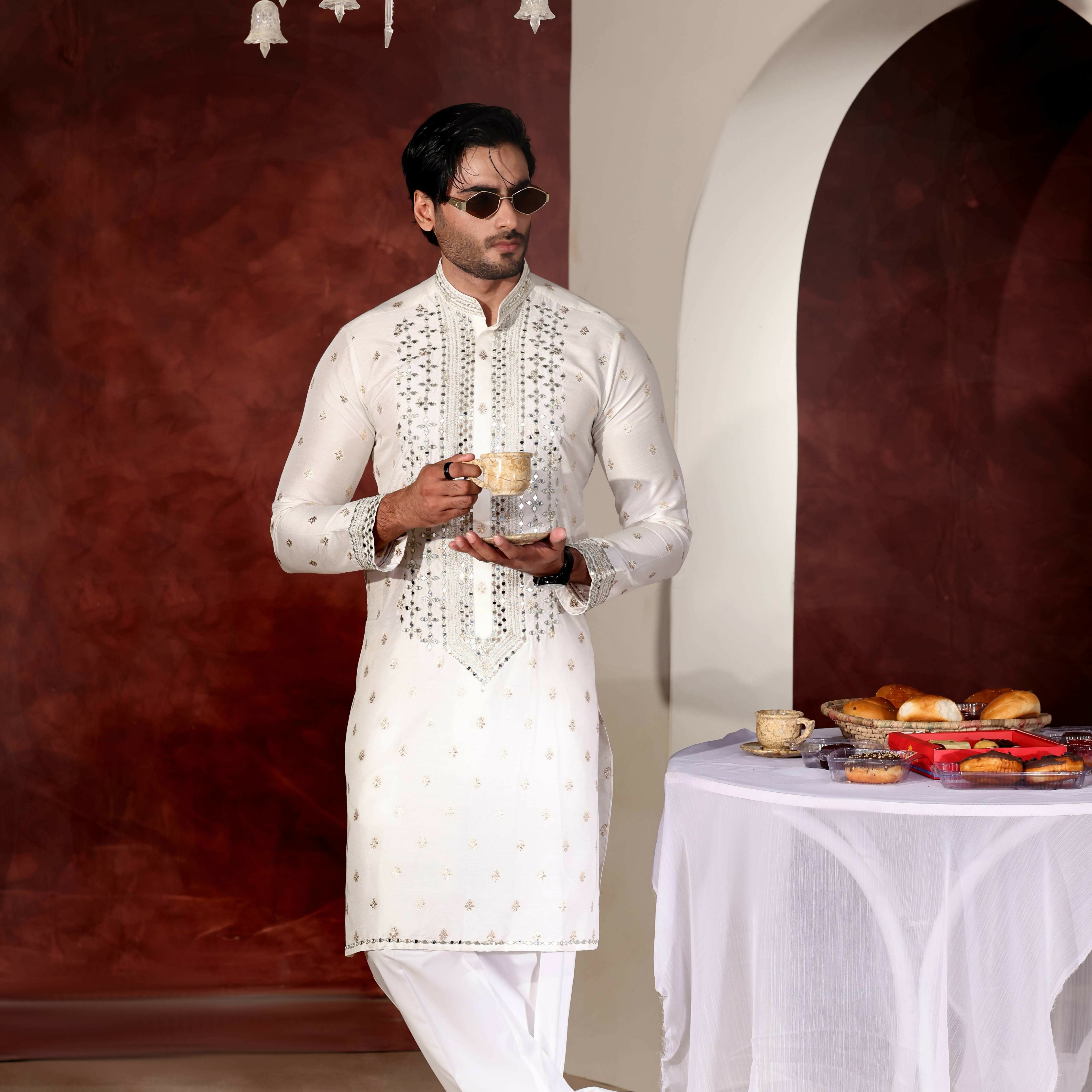 MR 90 White Mirror Work Kurta