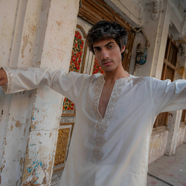 CK 755 White Short Embroidered Kurta With Bell Bottom