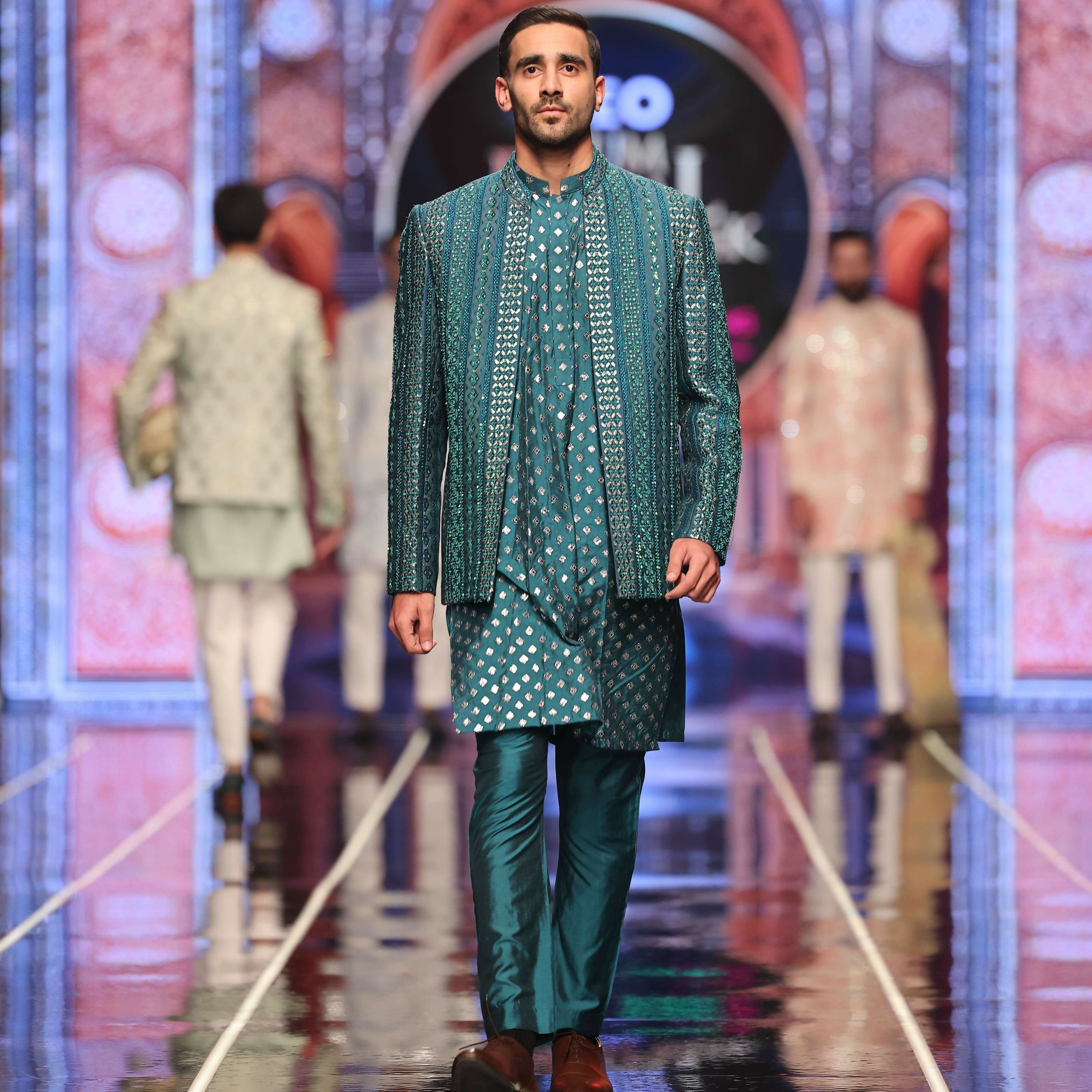 BCW 52 Peacock Green Prince Coat Front Open Hand Work For Men