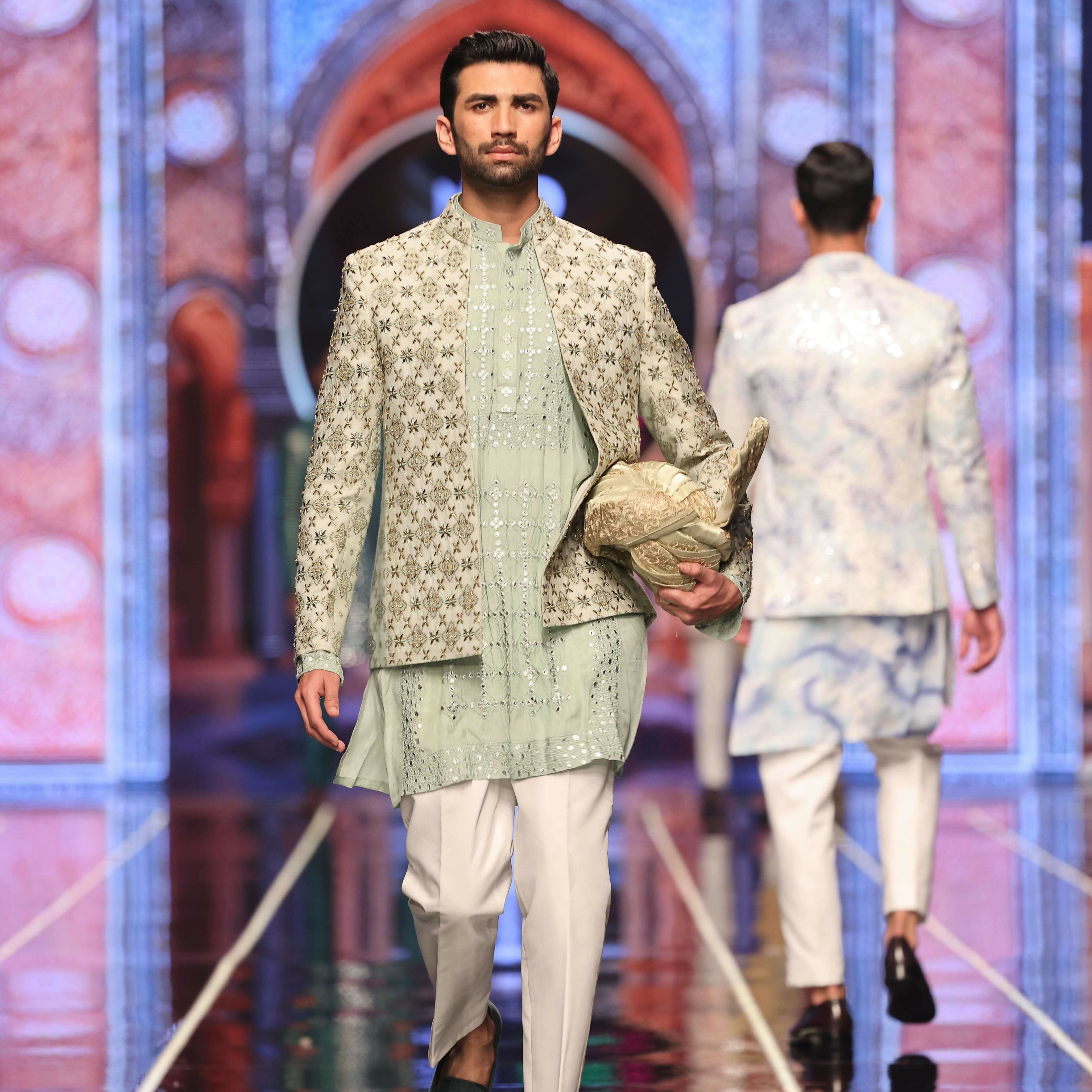 BCW 51 Pastel Green Prince Coat Zardozi Work Front Open For Men