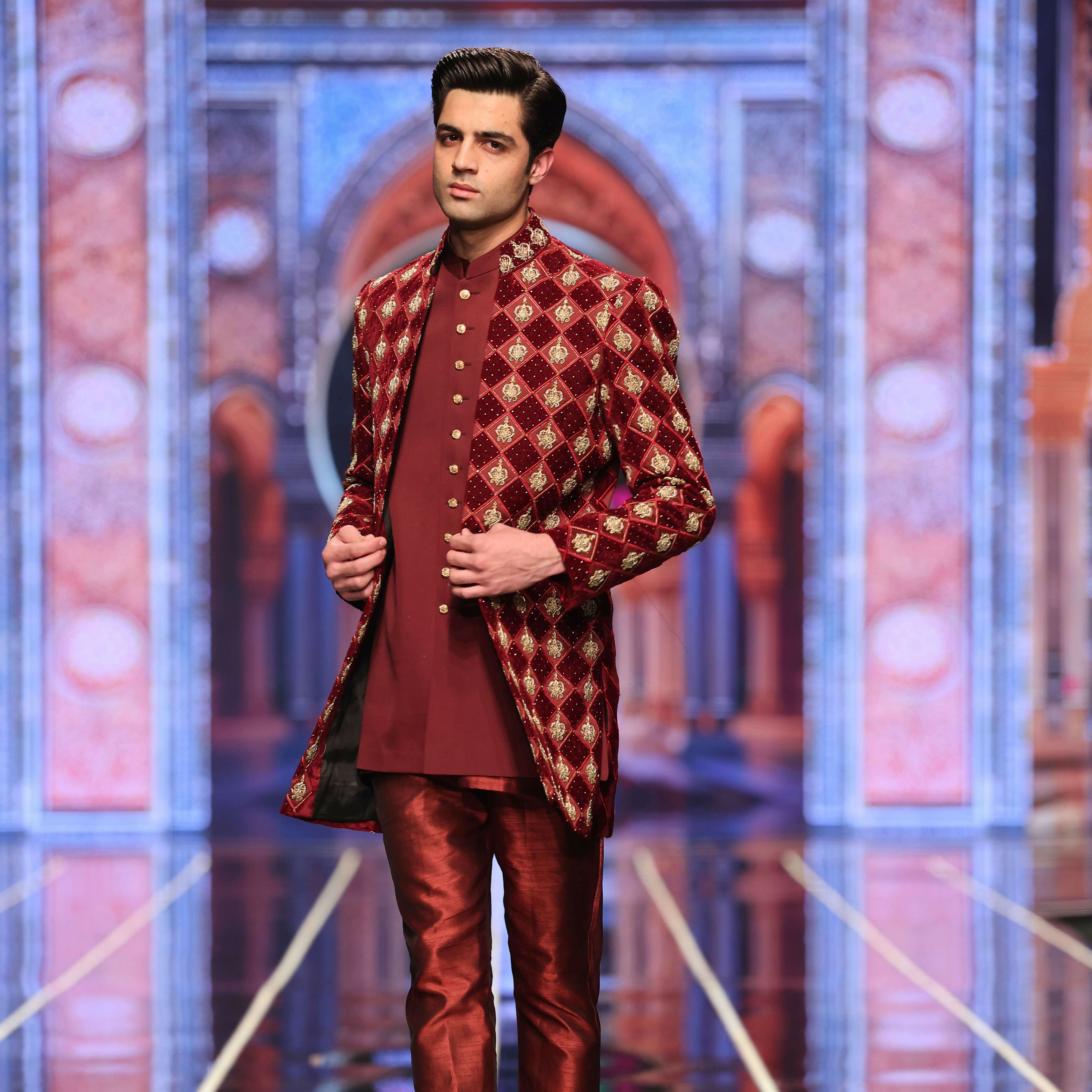 BCW 58 Maroon Checkered Applique Velvet & Satin Sherwani