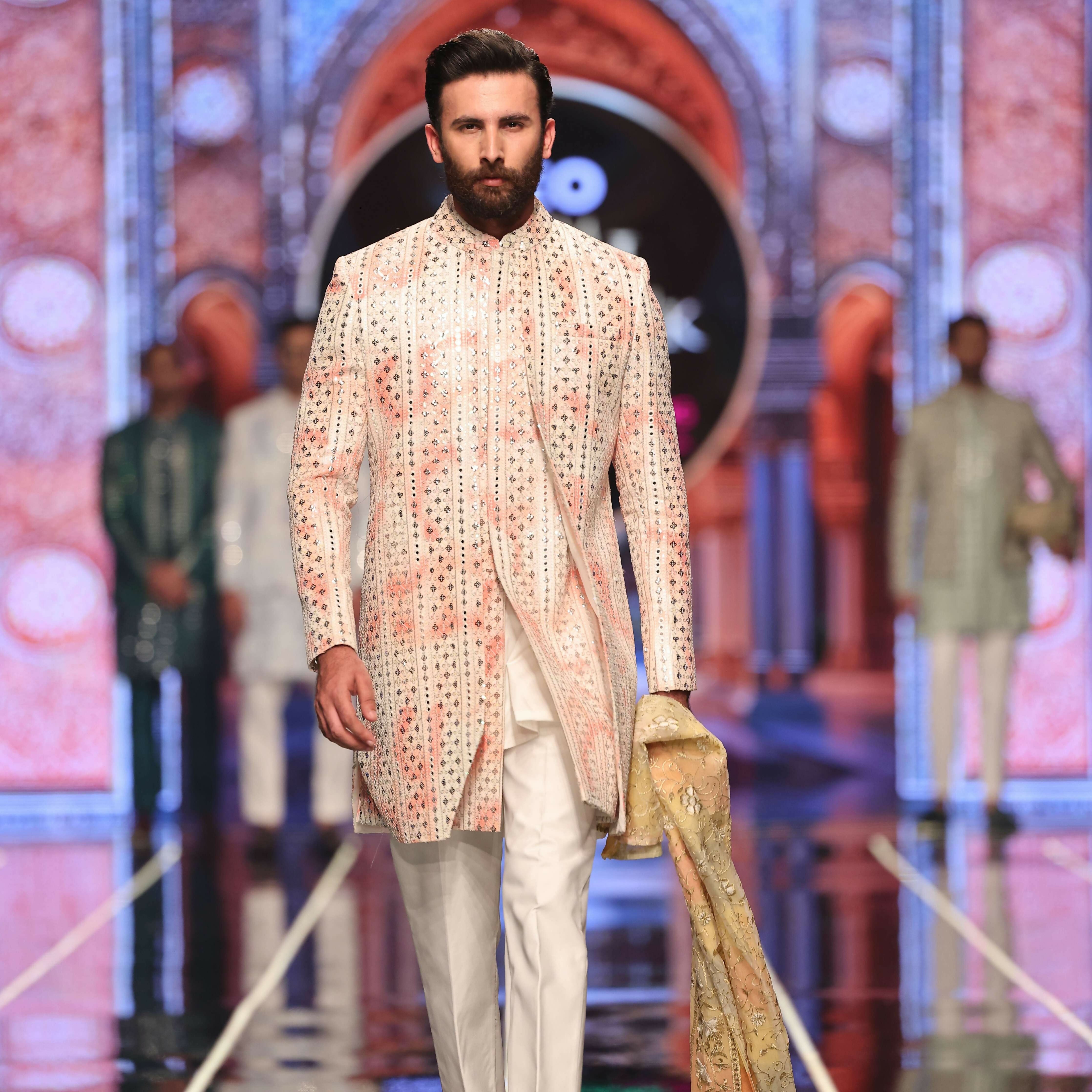 BCW 54 Pastel Opal Pink Ombre Short Sherwani With Inner Long Coat For Men