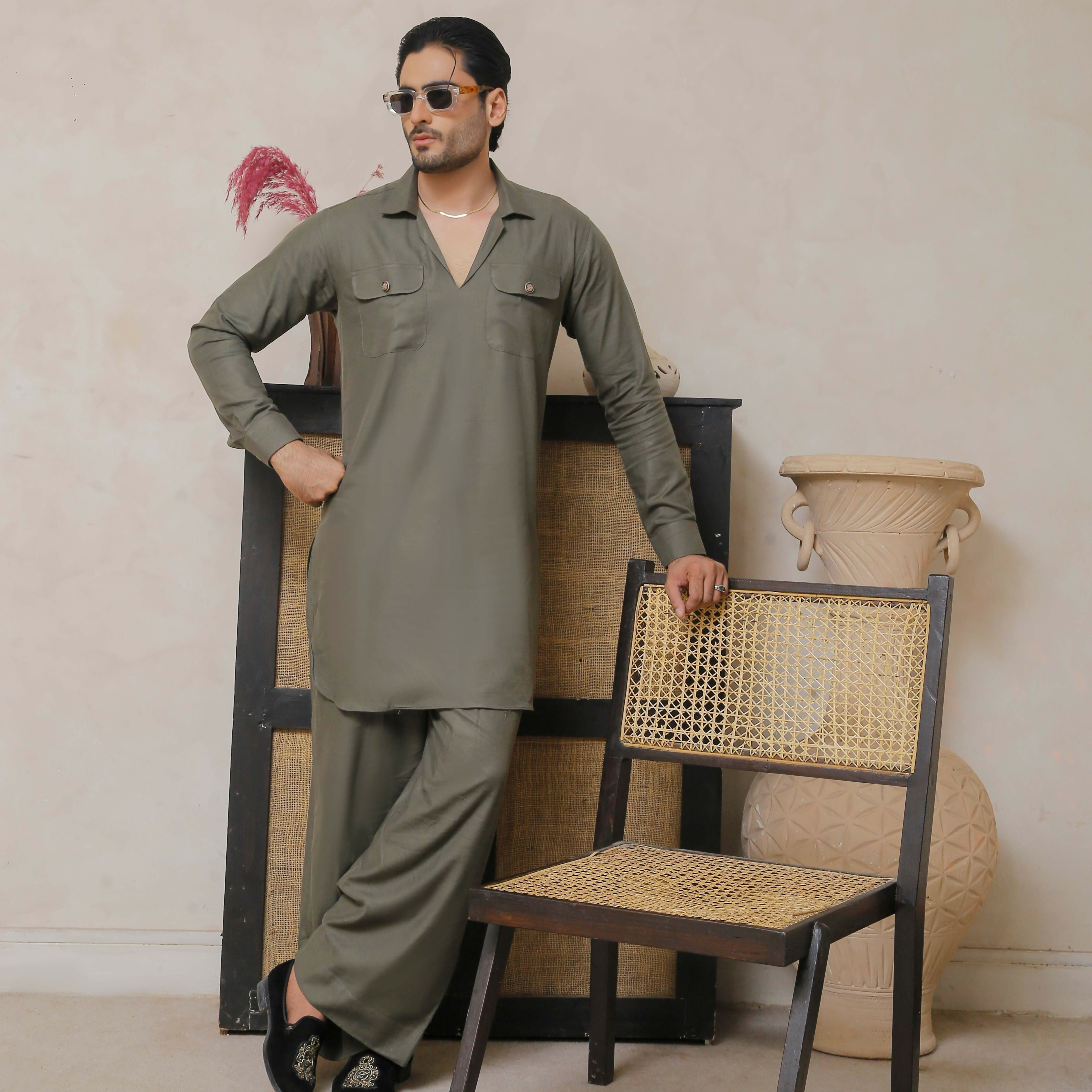 ER 801 Olive Green Kurta With Farshi Pajama