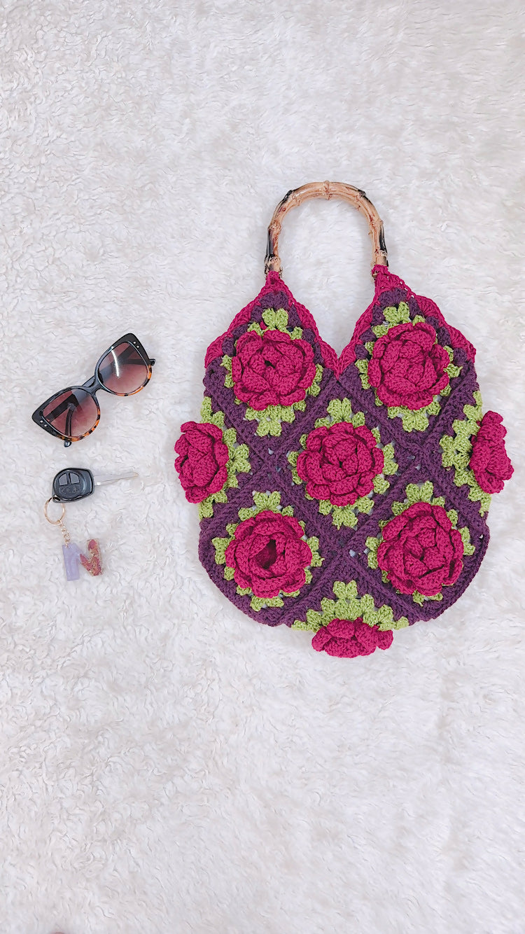 Crocheted 3d rose tote bag