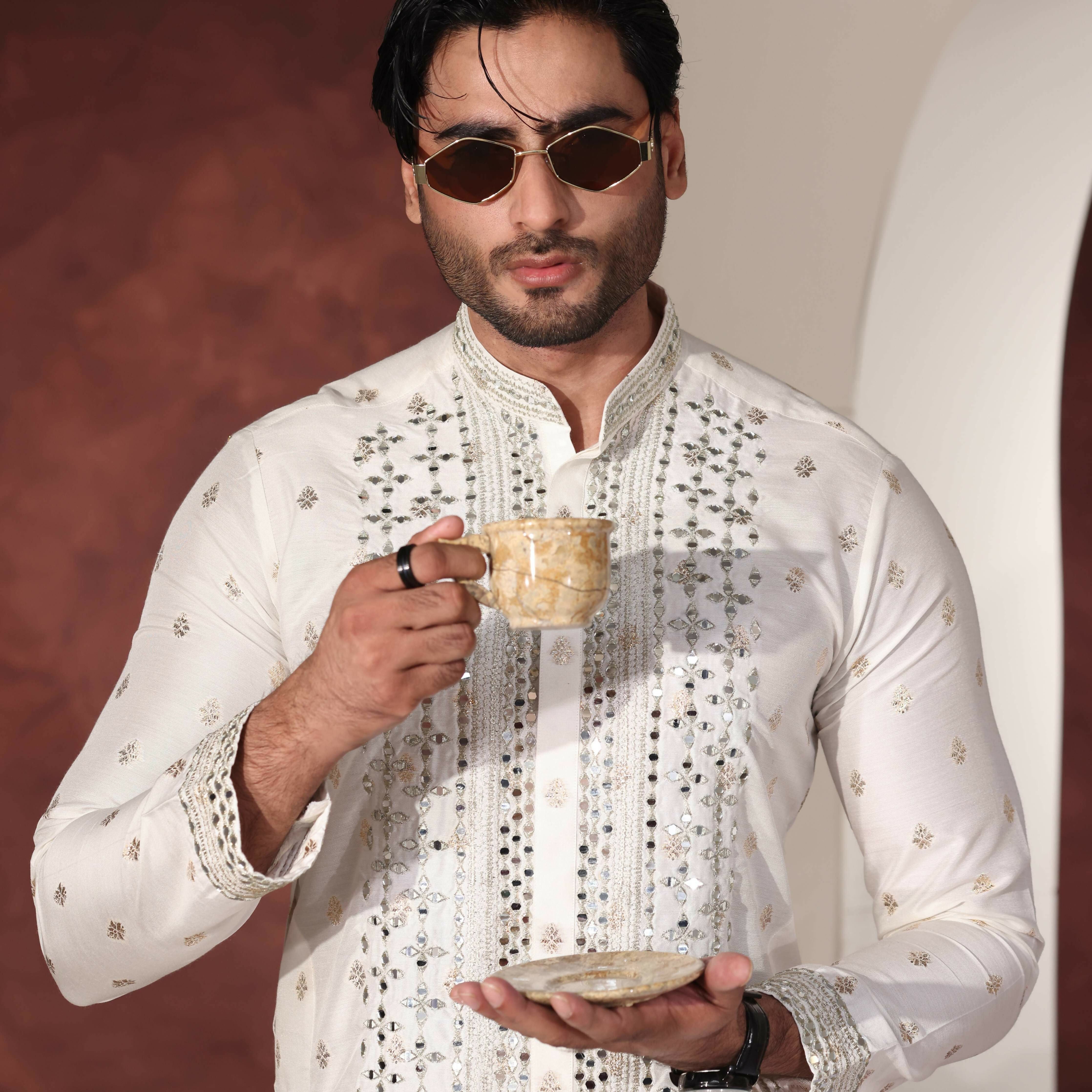 MR 90 White Mirror Work Kurta
