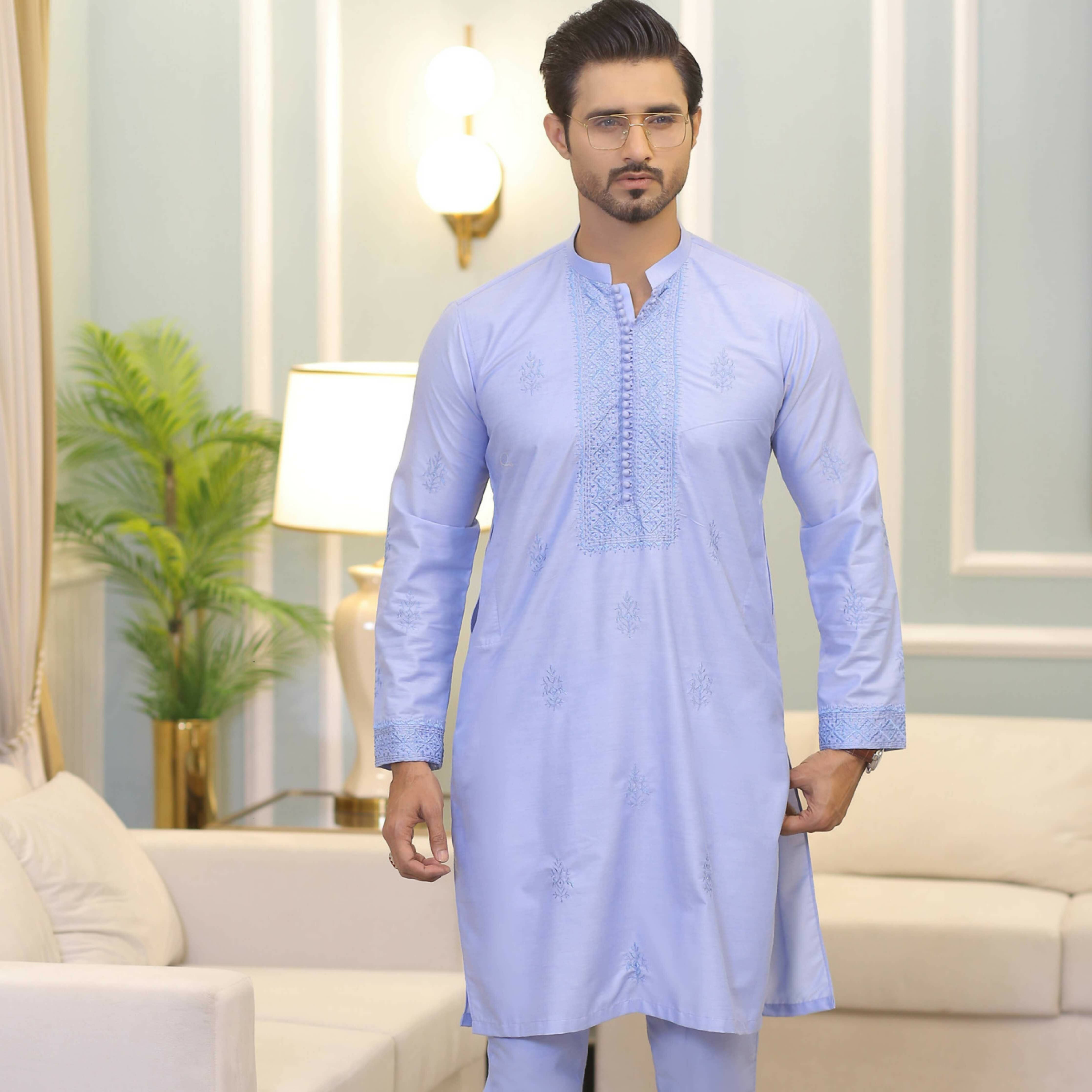 CK 506 Sky Blue Chikankari Kurta For Men