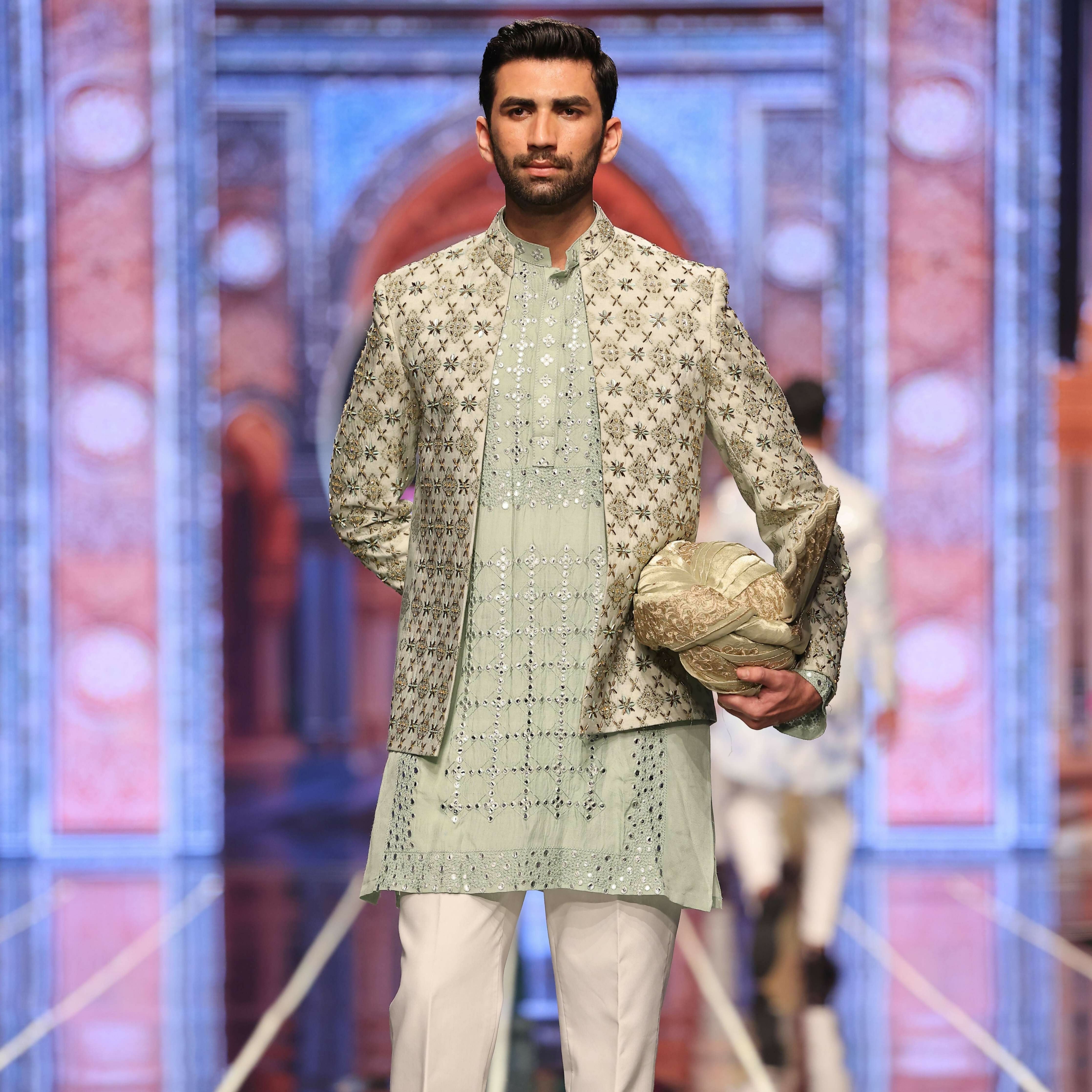 BCW 51 Pastel Green Prince Coat Zardozi Work Front Open For Men