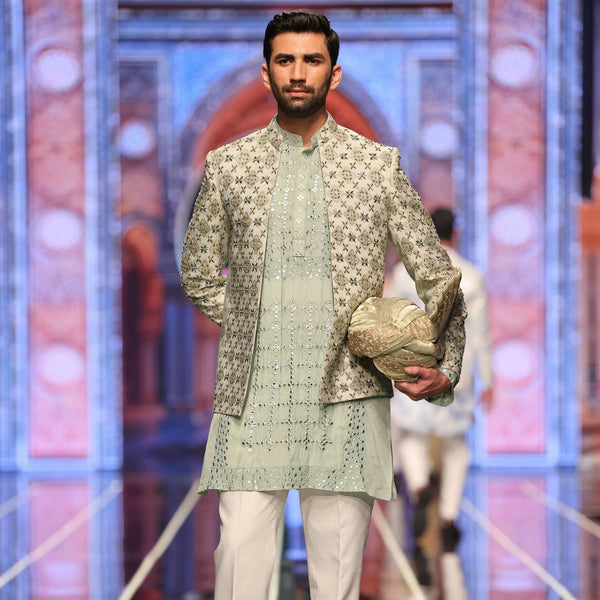 BCW 51 Pastel Green Prince Coat Zardozi Work Front Open For Men