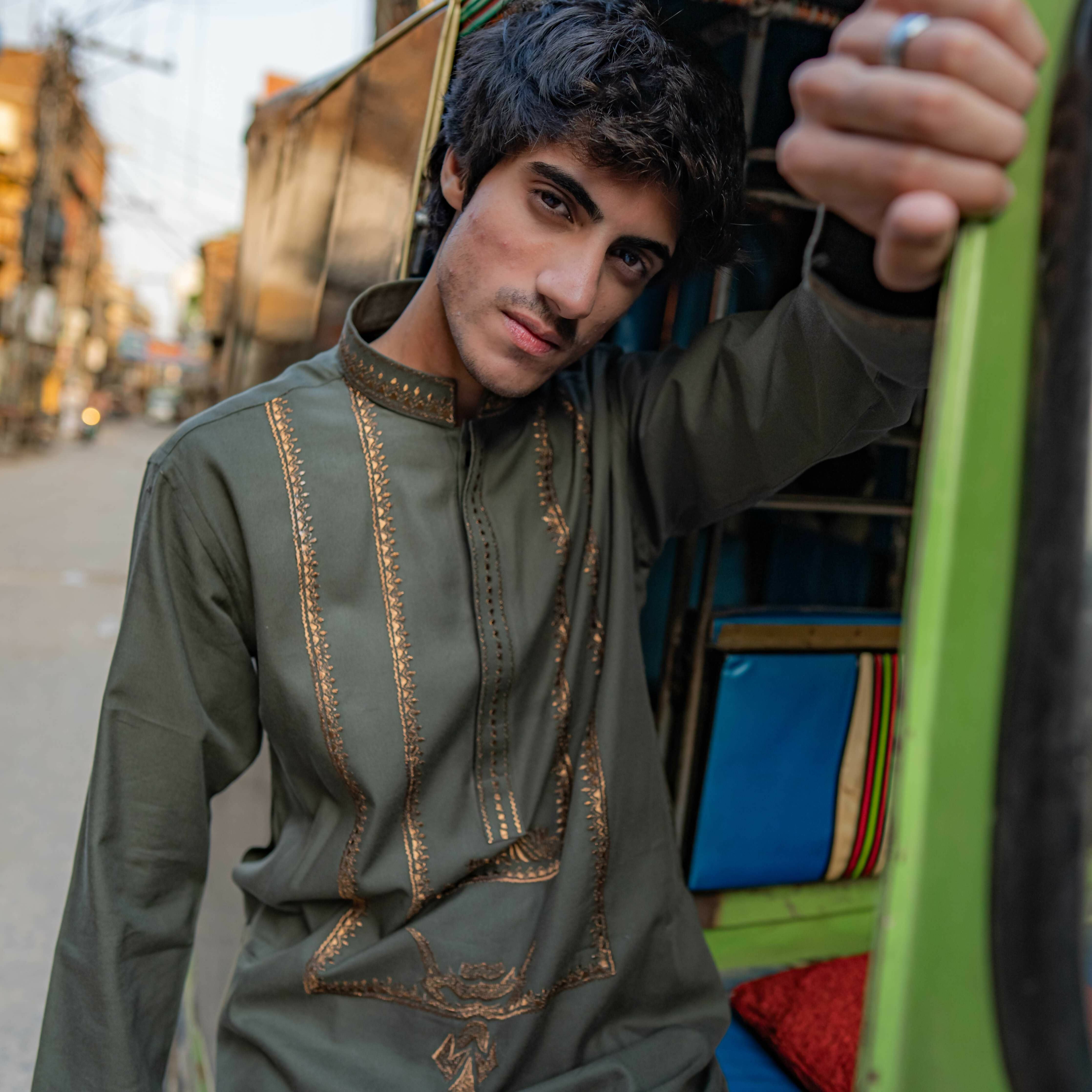 CK 754 Olive Embroidered Kurta With Pajama