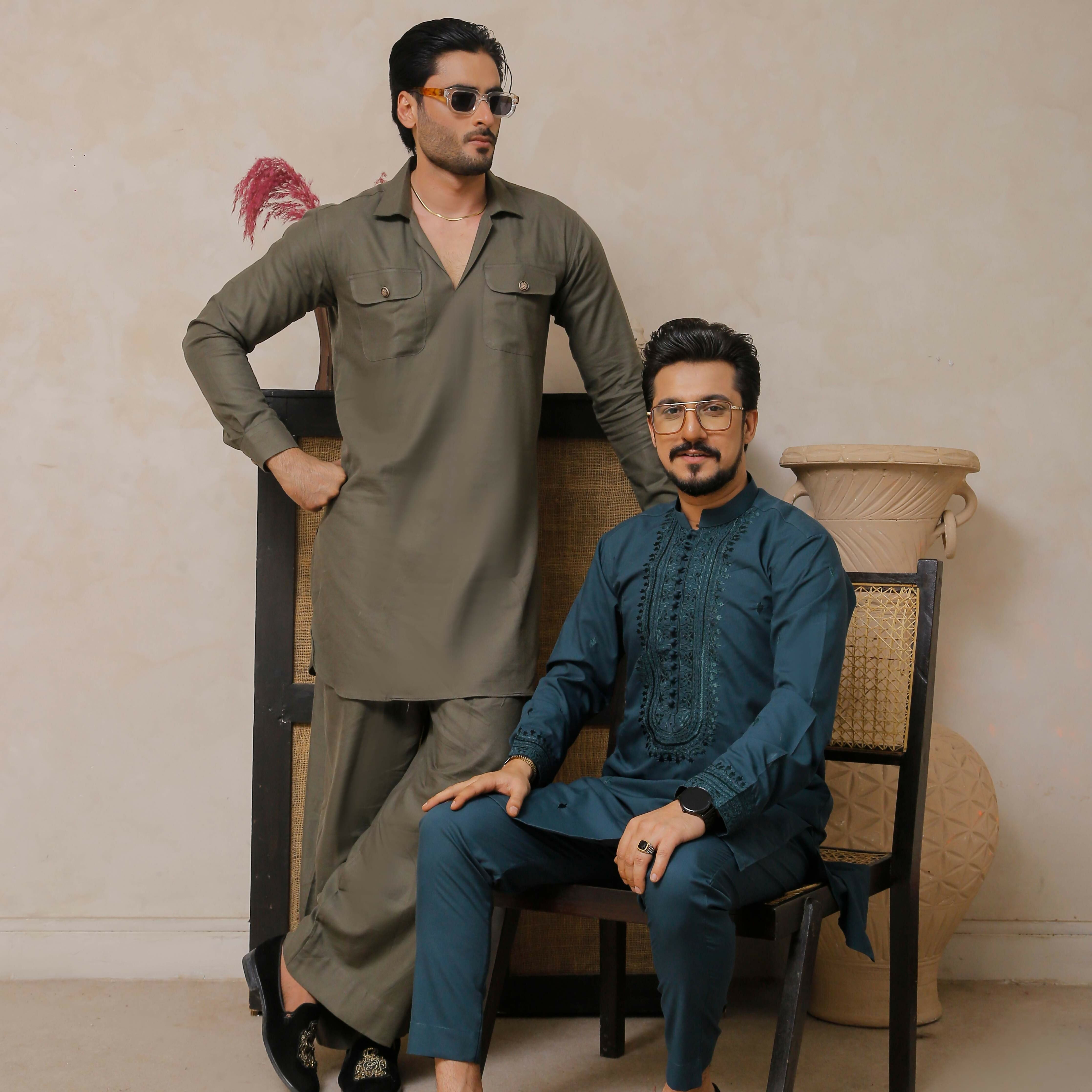 ER 801 Olive Green Kurta With Farshi Pajama