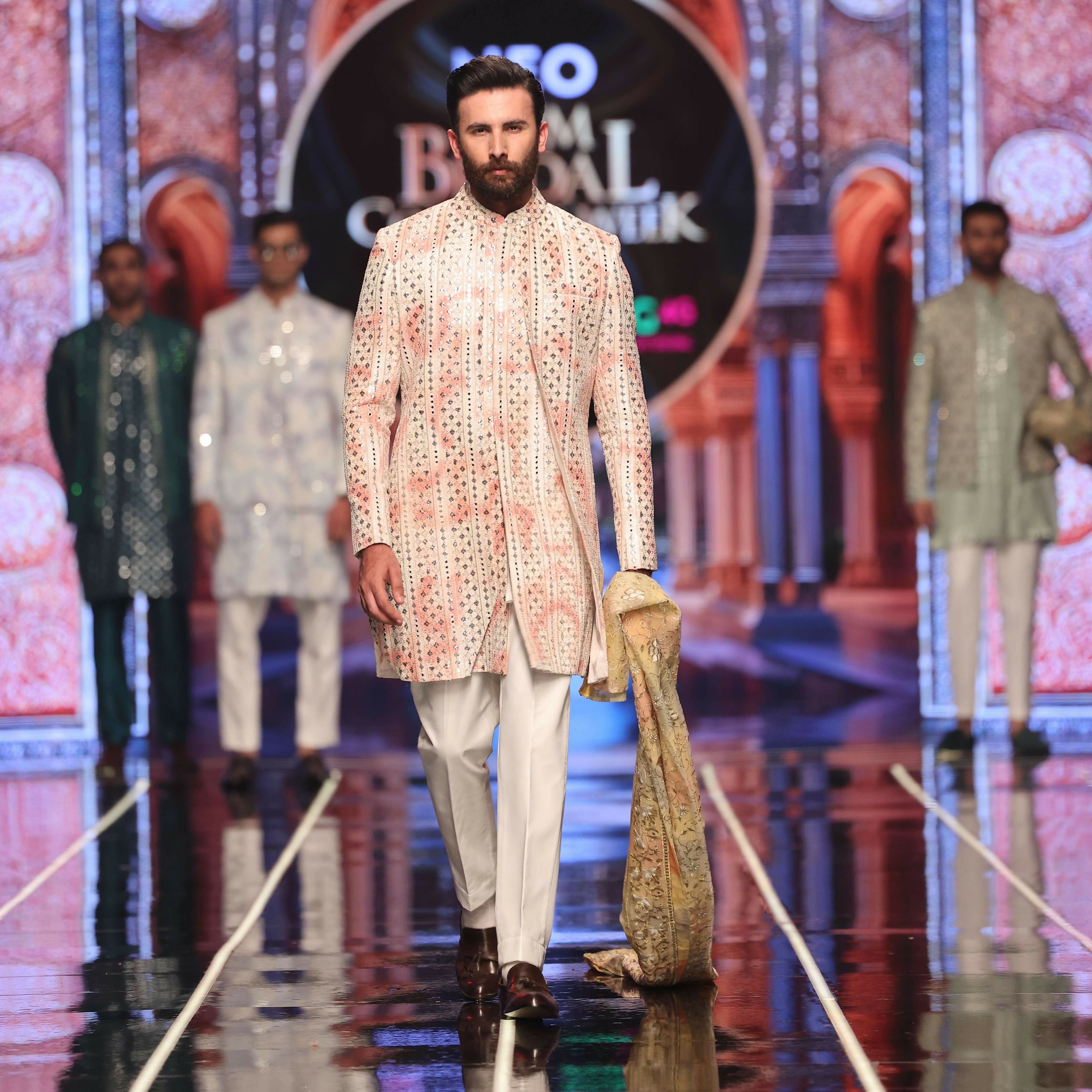 BCW 54 Pastel Opal Pink Ombre Short Sherwani With Inner Long Coat For Men